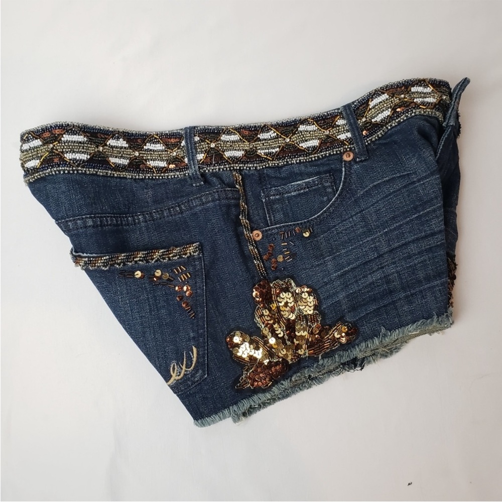 NWT Express gorgeous bronze gold and white sequined and beaded blue jeans - Picture 6 of 16